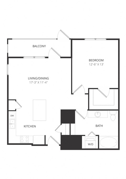 Floor plan for 1 bed, 1 bath, 822 sqft
